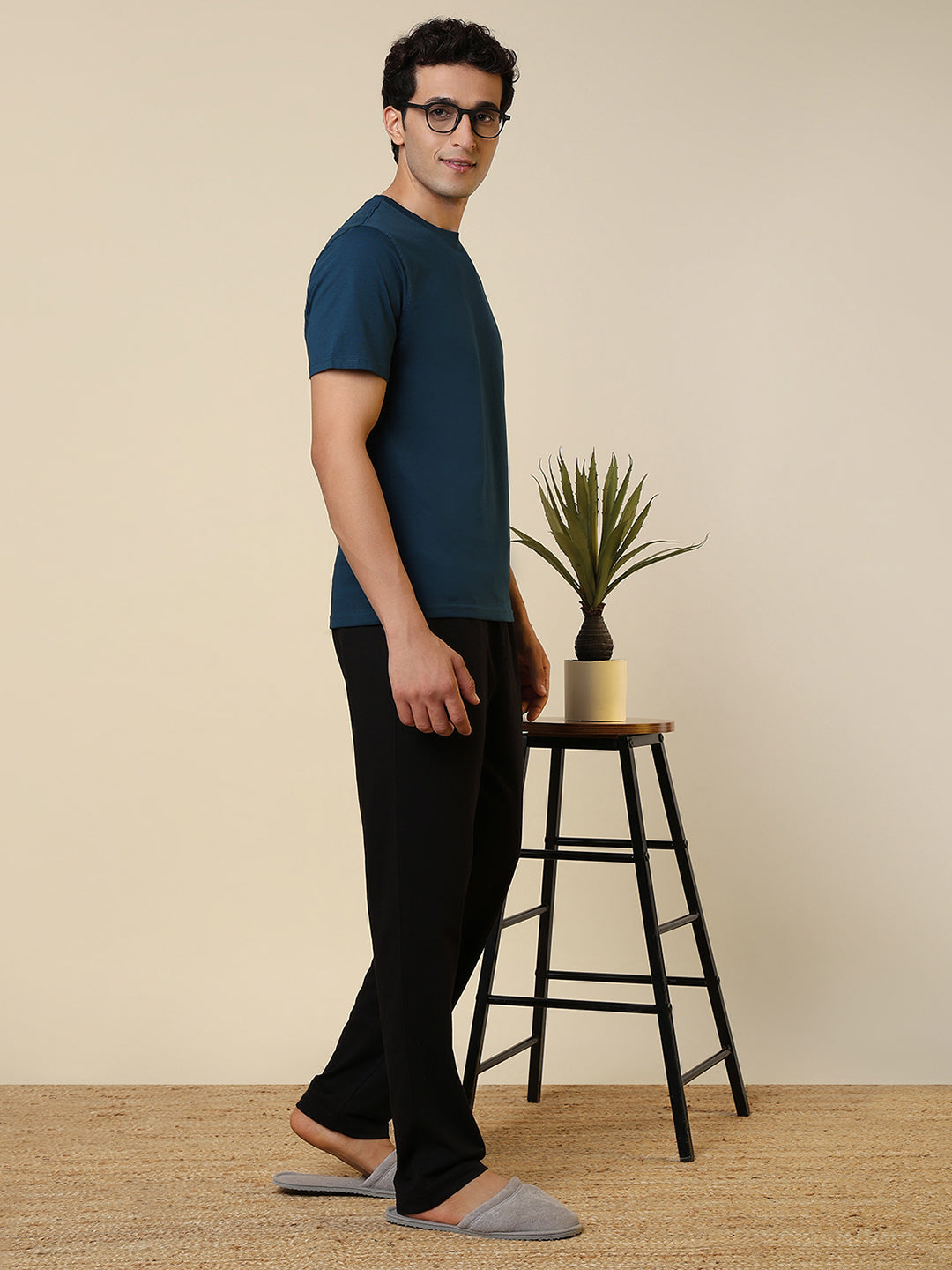 Sleepz Men Blue Solid Regular Fit Cotton T-Shirt