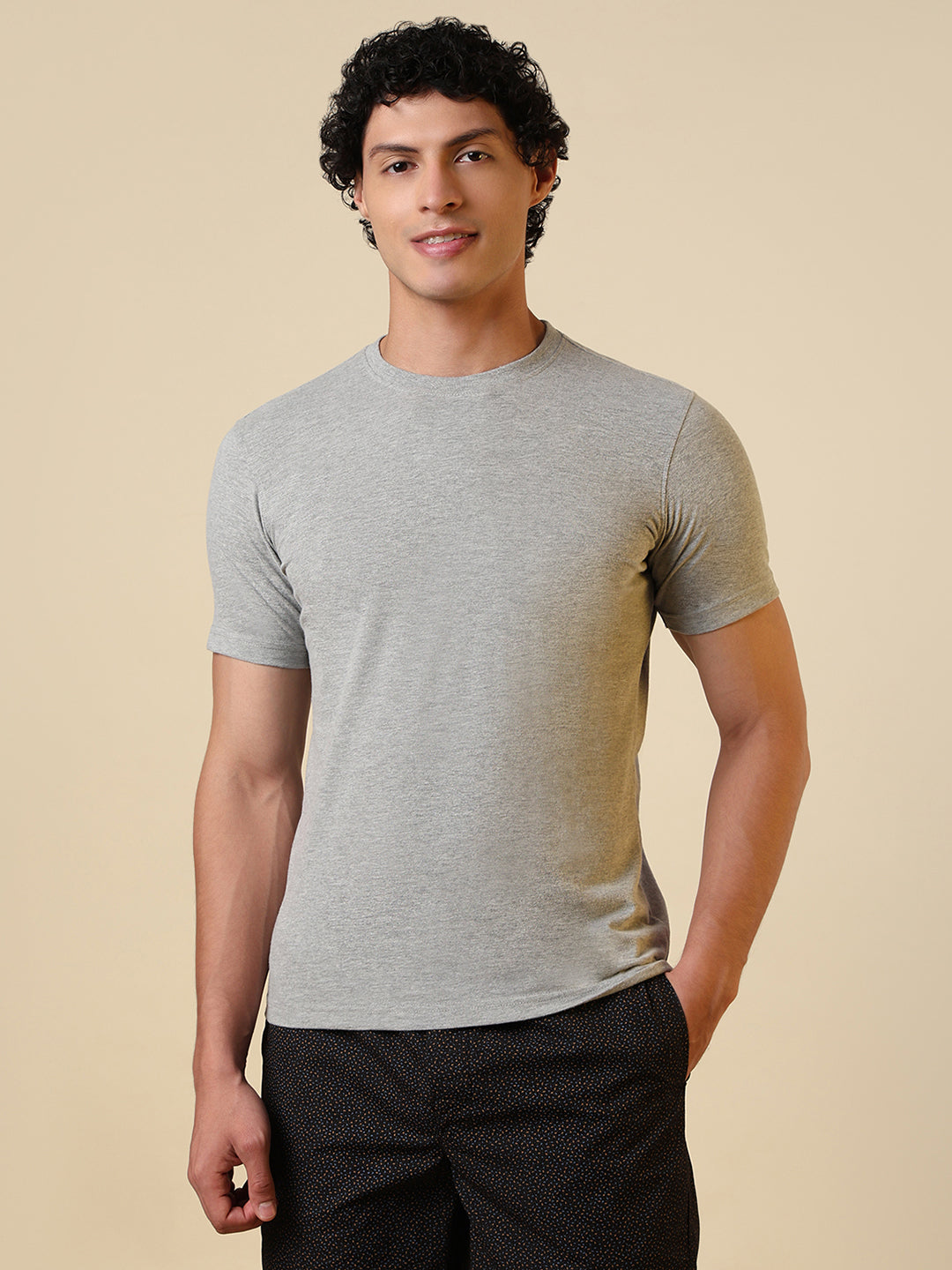 Sleepz Men Grey Solid Regular Fit Cotton T-Shirt
