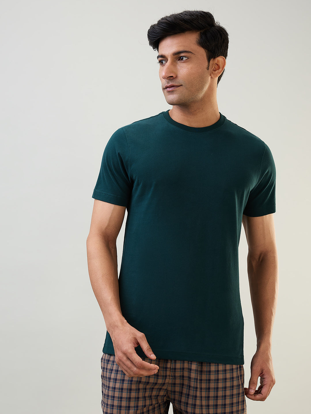 Sleepz Men Green Regular Fit Solid Round Neck Collar T-Shirt