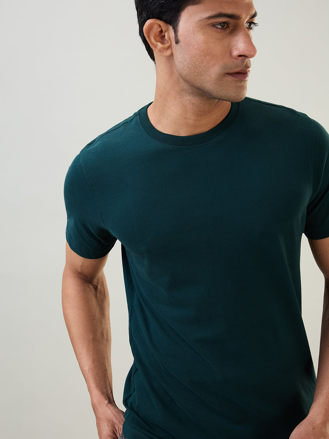 Sleepz Men Green Regular Fit Solid Round Neck Collar T-Shirt