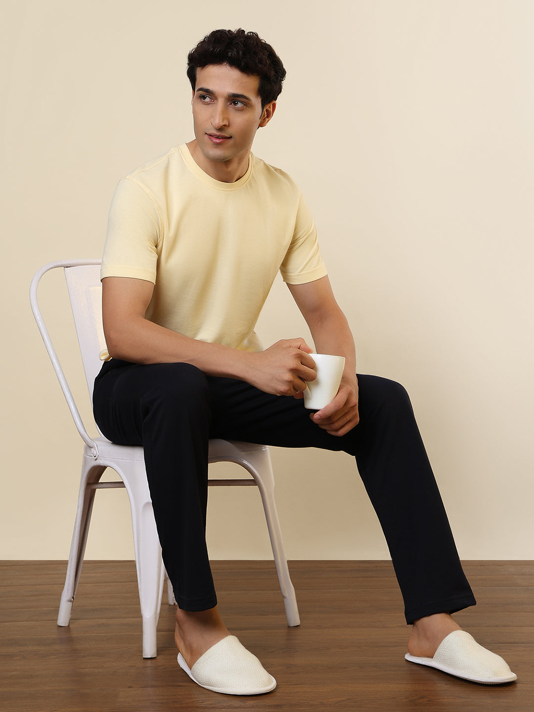 Sleepz Men Yellow Solid Regular Fit Cotton T-Shirt