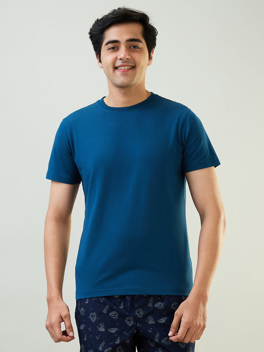 Sleepz Men Blue Solid Regular Fit Cotton Blend T-Shirt