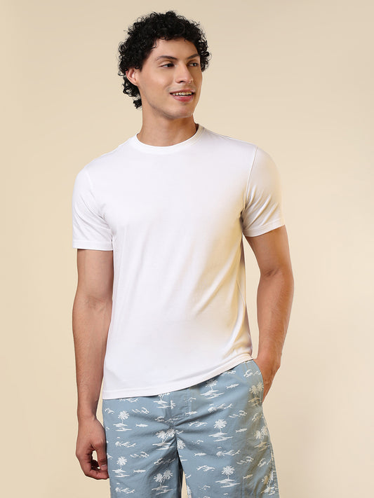 Sleepz Men White Solid Regular Fit Cotton Blend T-Shirt