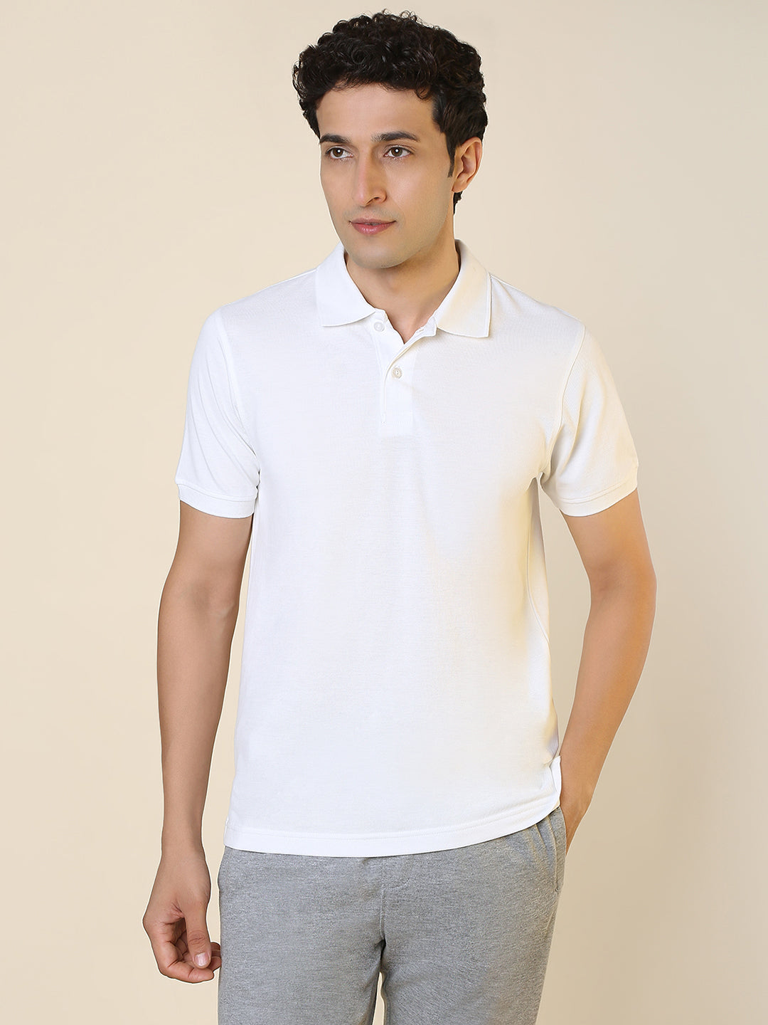 Sleepz Men White Regular Fit Solid Polo Neck Collar T-Shirt