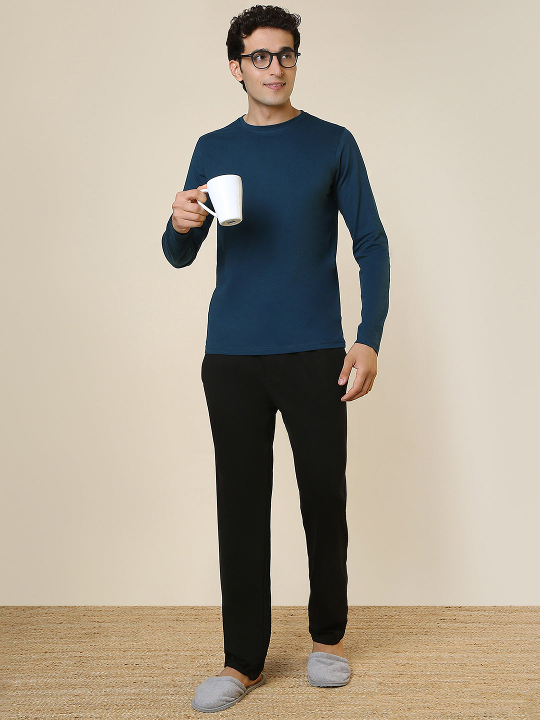 Sleepz Men Blue Regular Fit Solid Round Neck Collar T-Shirt
