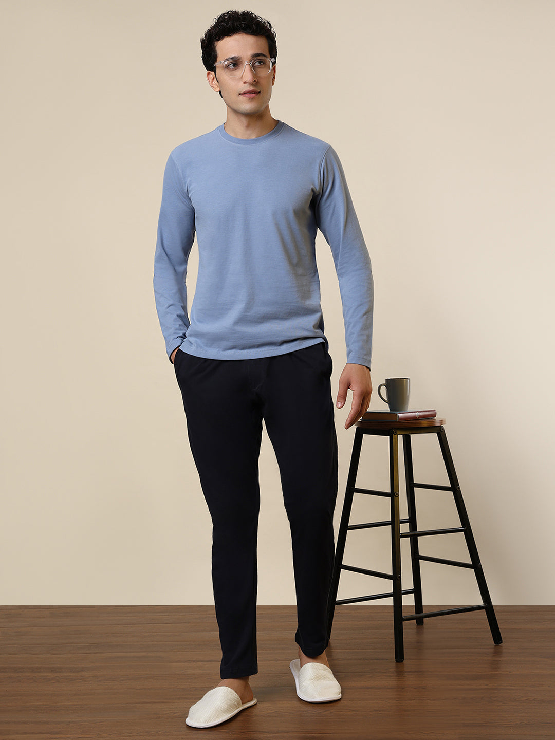 Sleepz Men Blue Solid Regular Fit Cotton T-Shirt