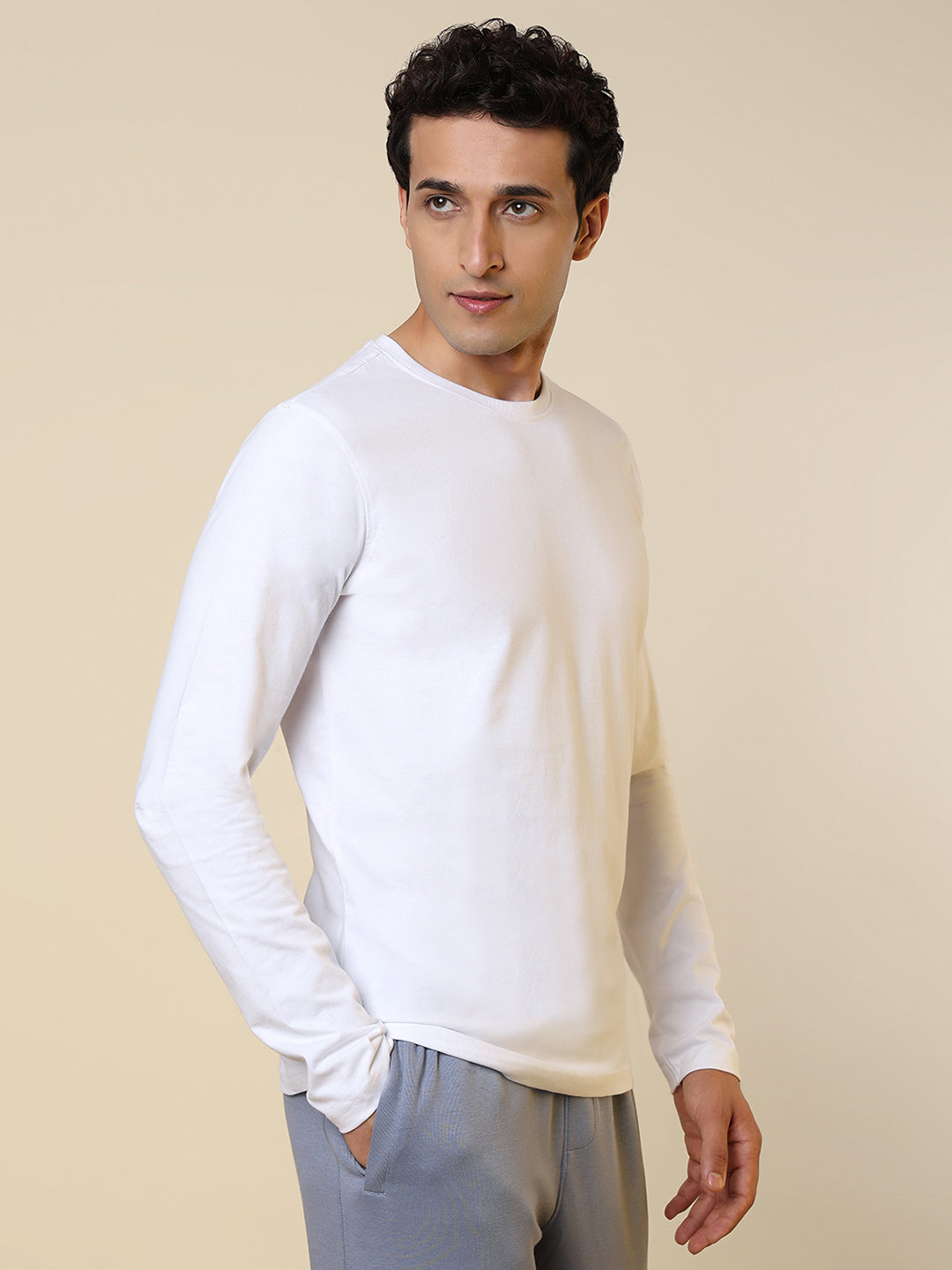 Sleepz Men White Solid Regular Fit Cotton T-Shirt