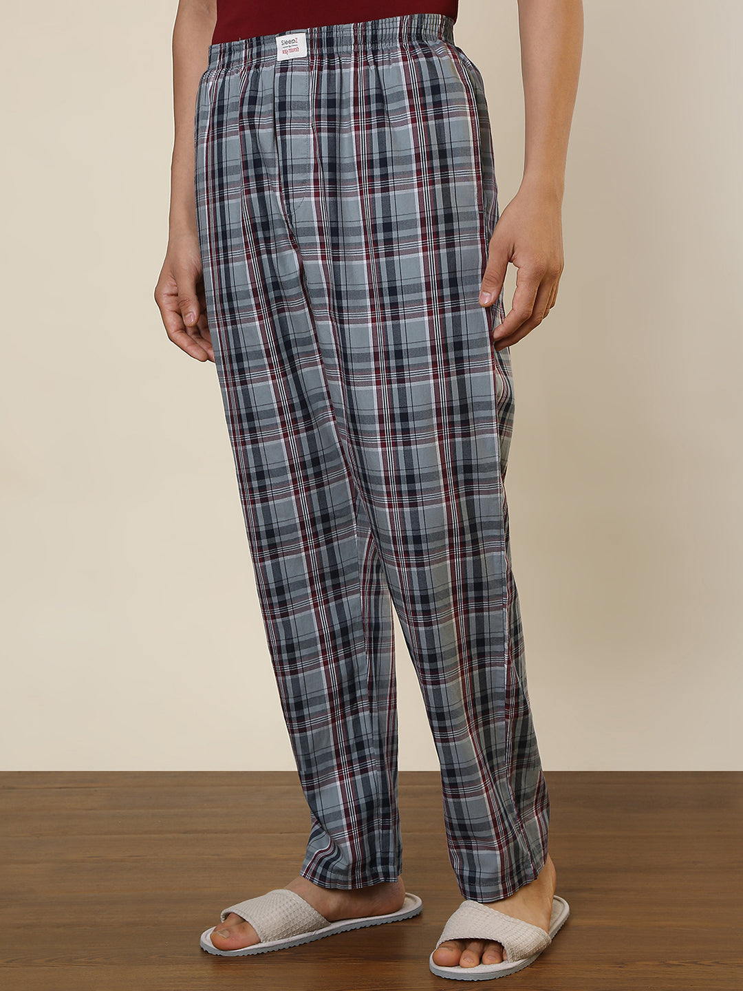 Sleepz Men Grey Checks Regular Fit Cotton Pyjama