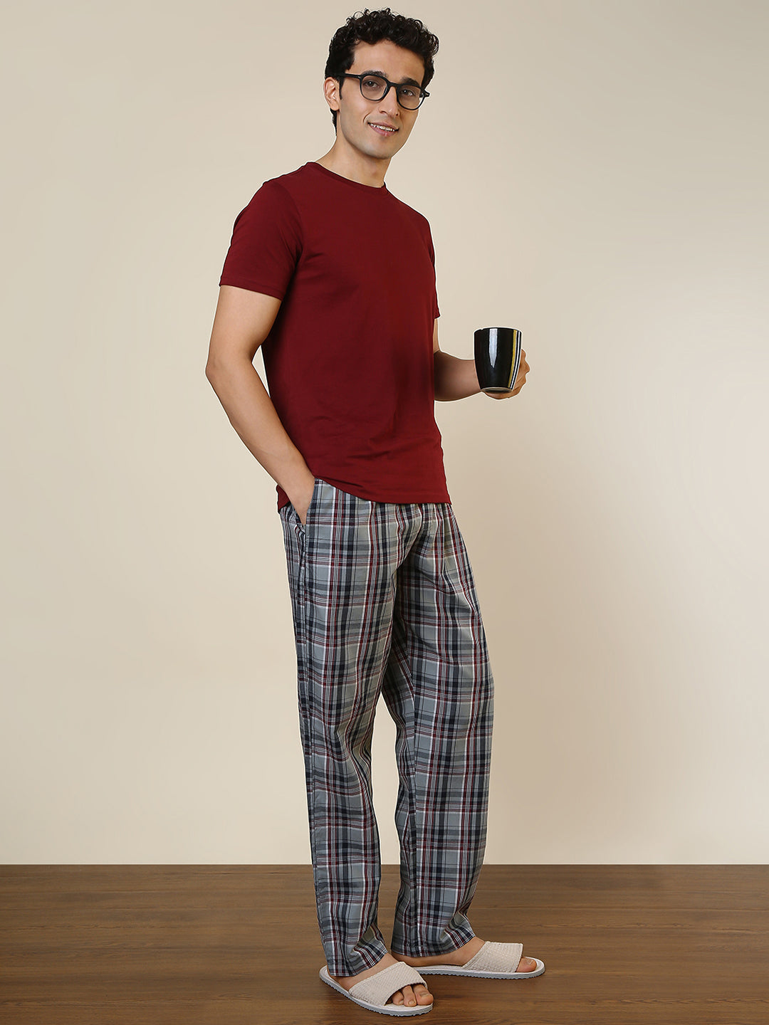 Sleepz Men Grey Checks Regular Fit Cotton Pyjama