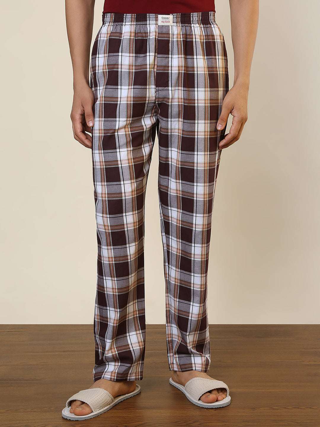 Sleepz Men Maroon Regular Fit Checks Pyjama