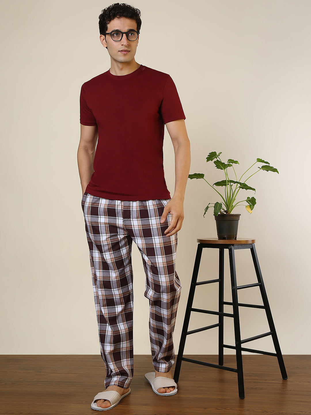 Sleepz Men Maroon Regular Fit Checks Pyjama