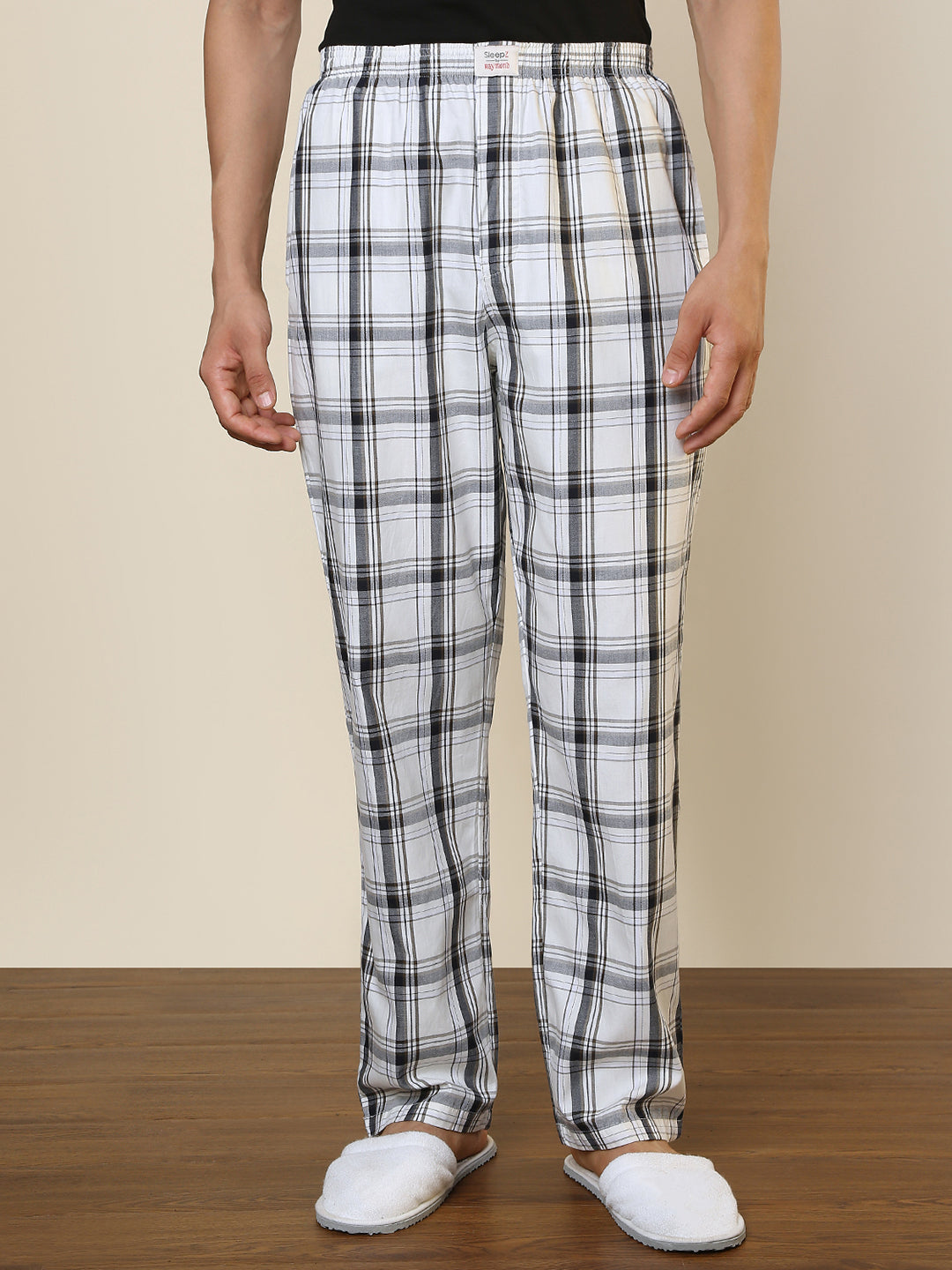 Sleepz Men White Regular Fit Checks Pyjama