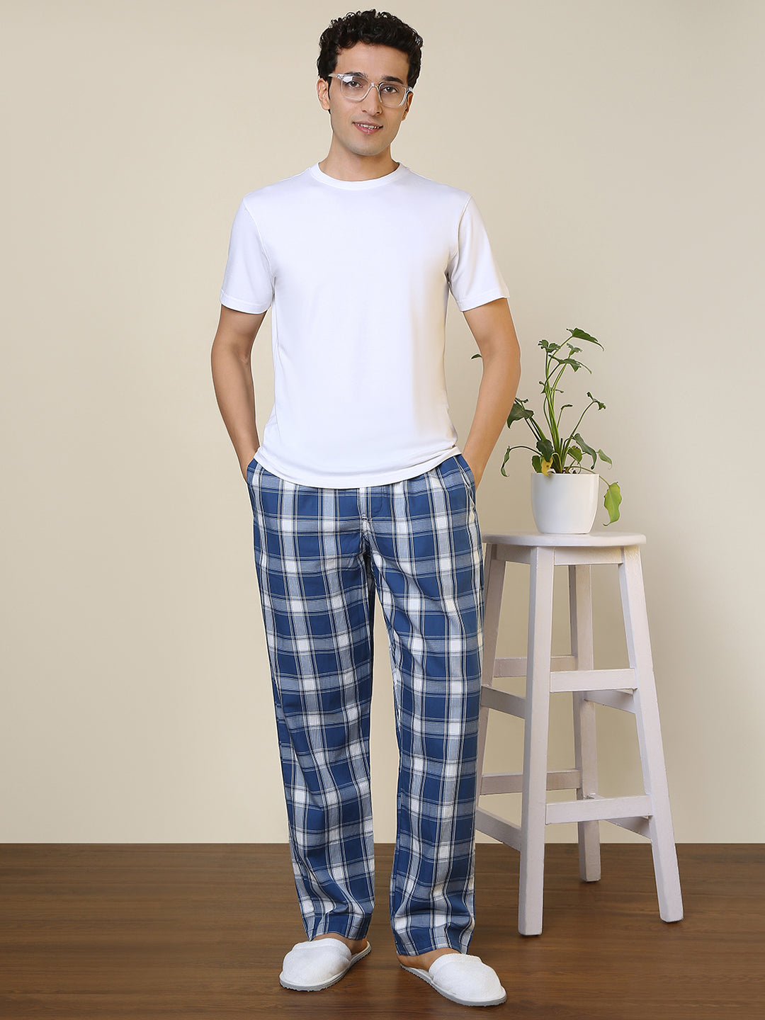 Sleepz Men Blue Regular Fit Checks Pyjama