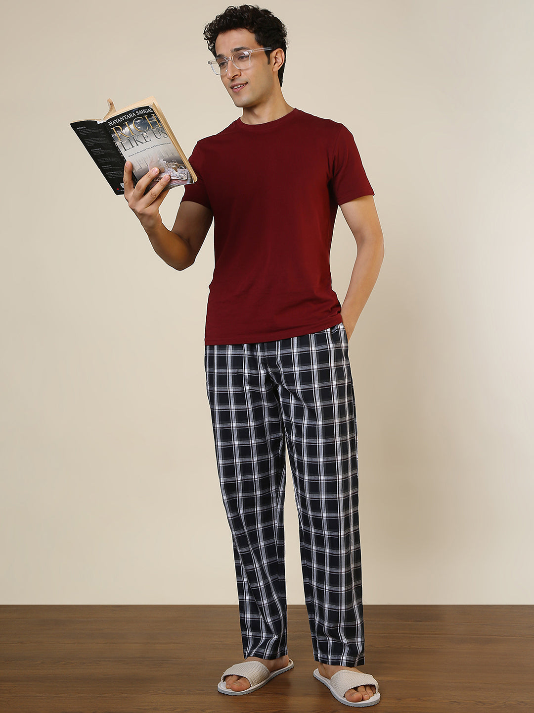Sleepz Men Blue Regular Fit Checks Pyjama
