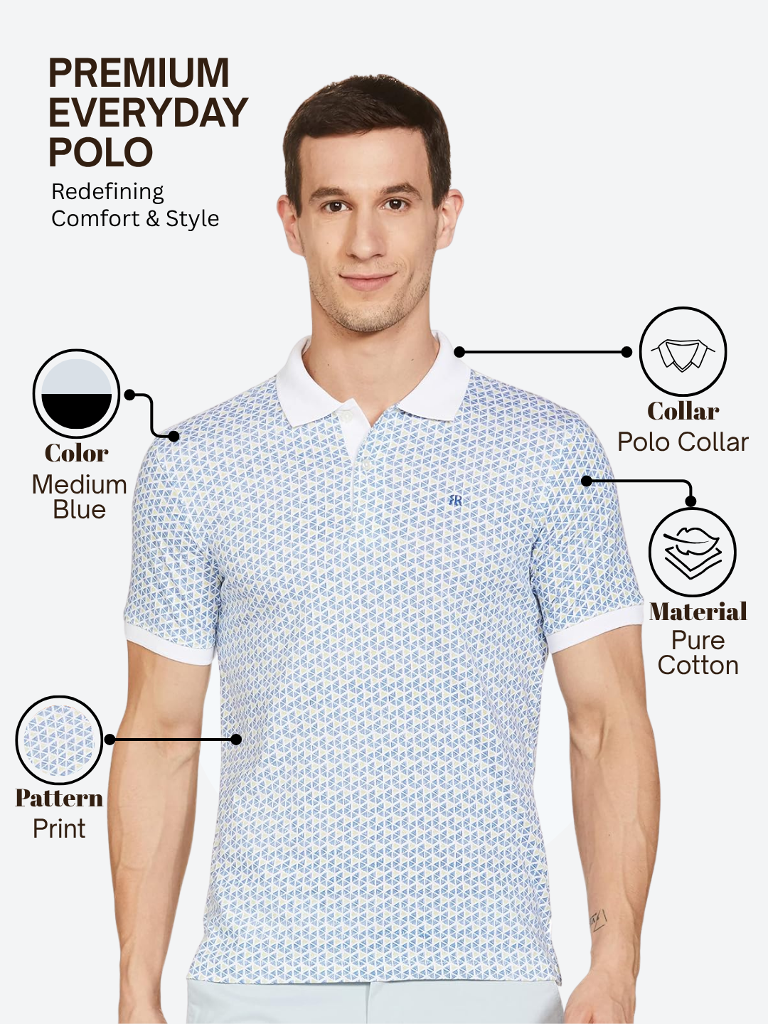 Raymond Men Blue Modern Fit Printed Polo Neck Collar T-Shirt