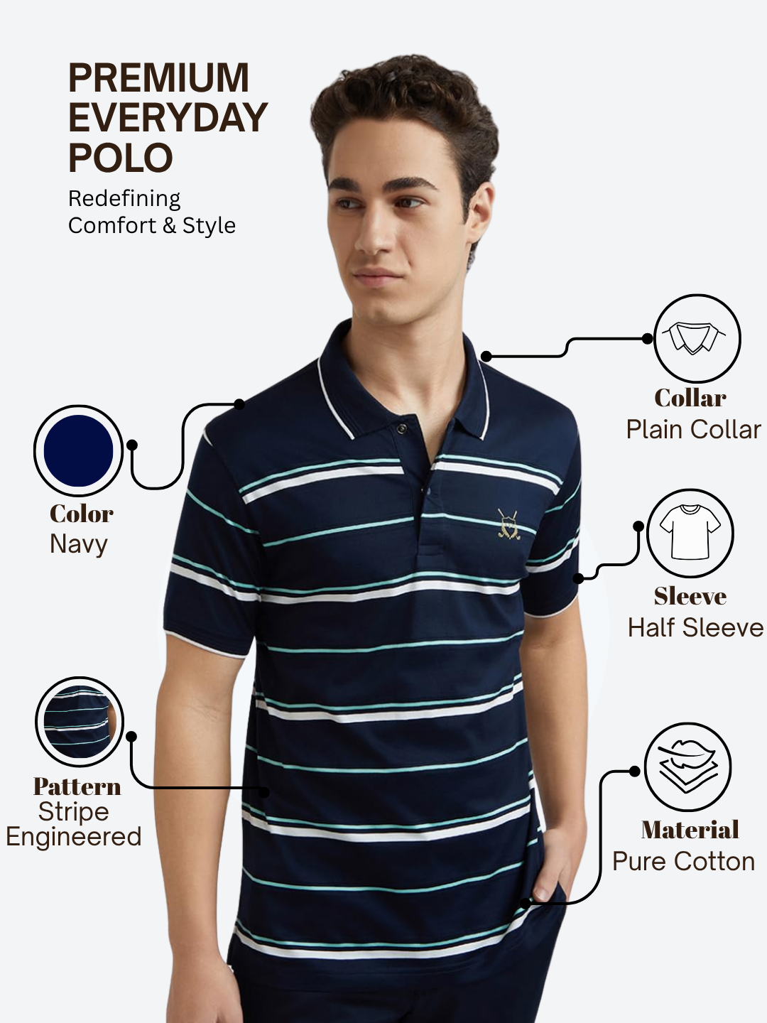 Colorplus Men Navy Tailored Fit Engineered Polo Neck Collar T-Shirt