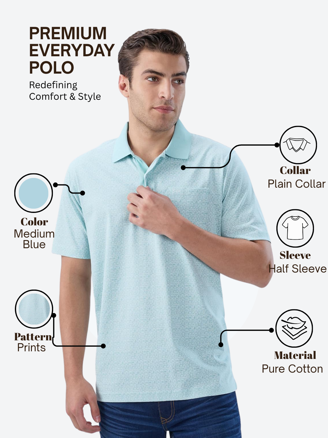 Colorplus Men Blue Comfort Fit Printed Polo Neck Collar T-Shirt