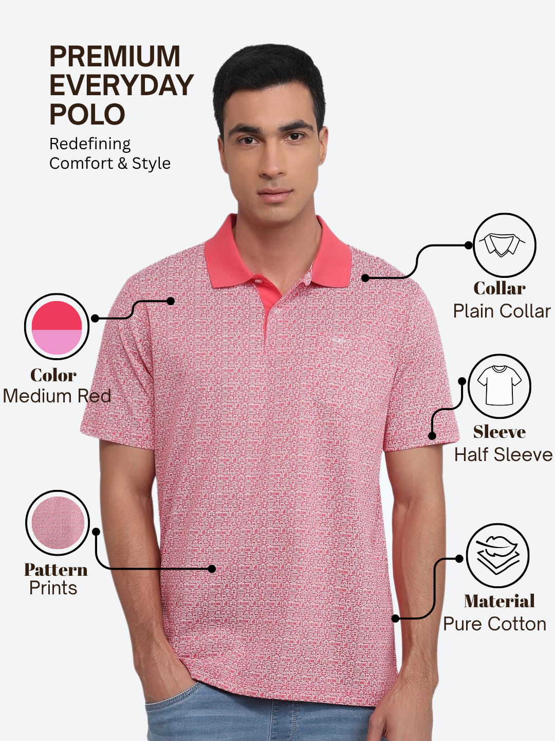 Colorplus Men Red Regular Fit Printed Polo Neck Collar T-Shirt