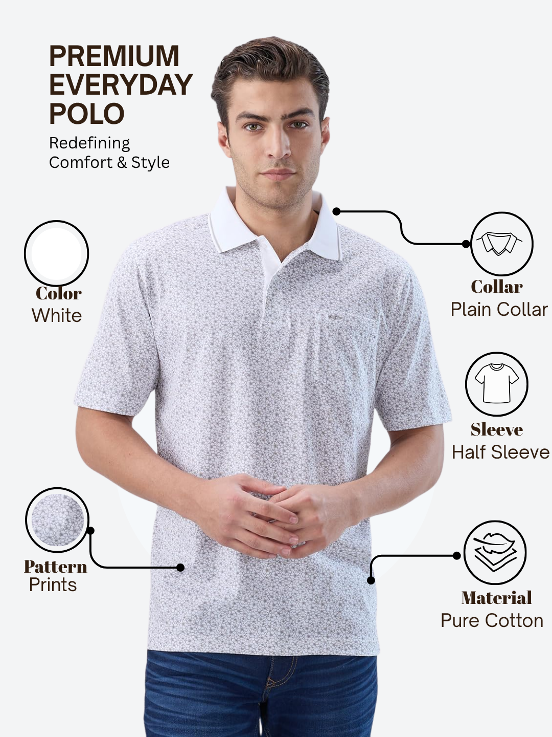 Colorplus Men White Regular Fit Printed Polo Neck Collar T-Shirt