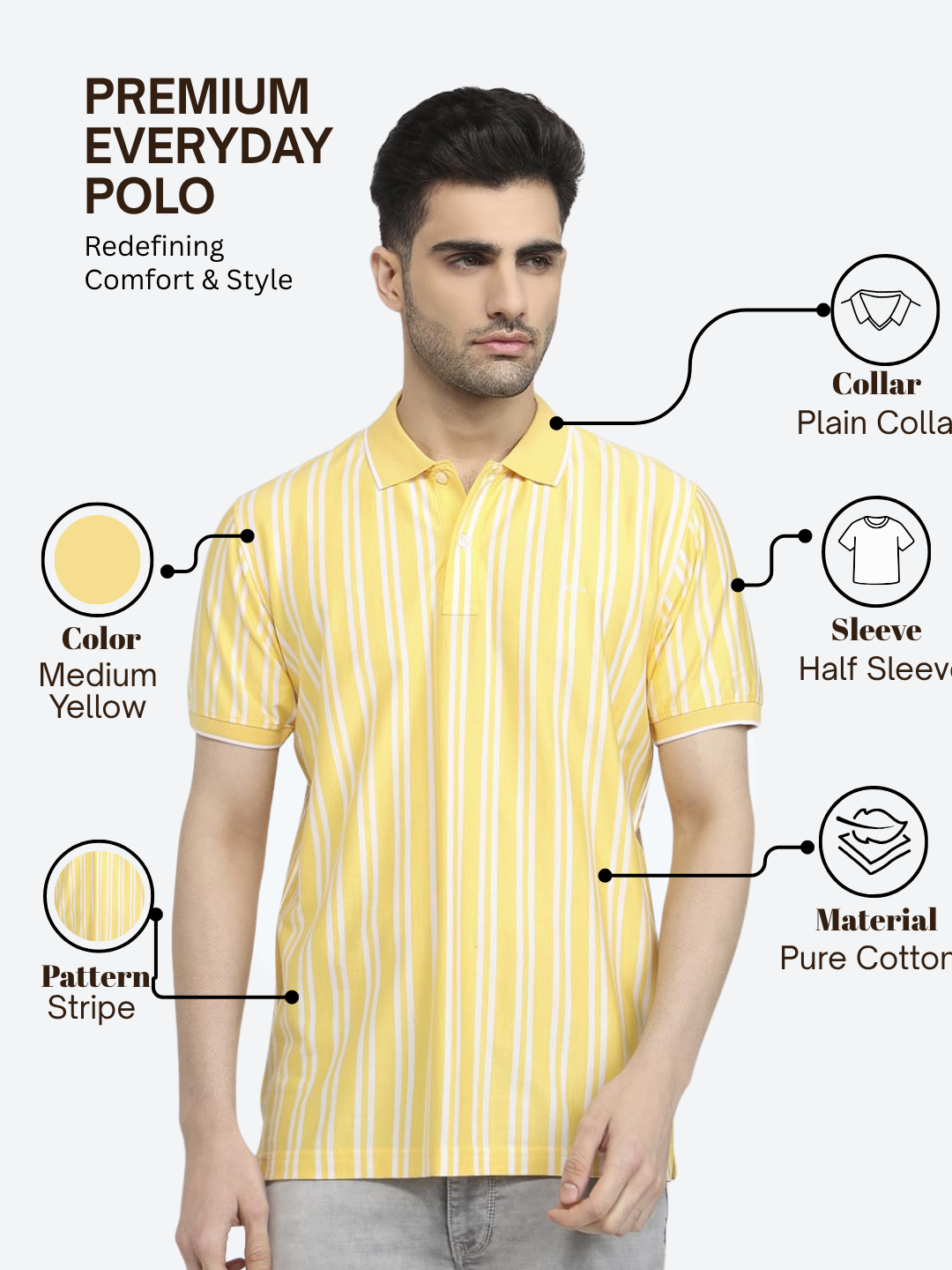 Colorplus Men Yellow Regular Fit Stripe Polo Neck Collar T-Shirt