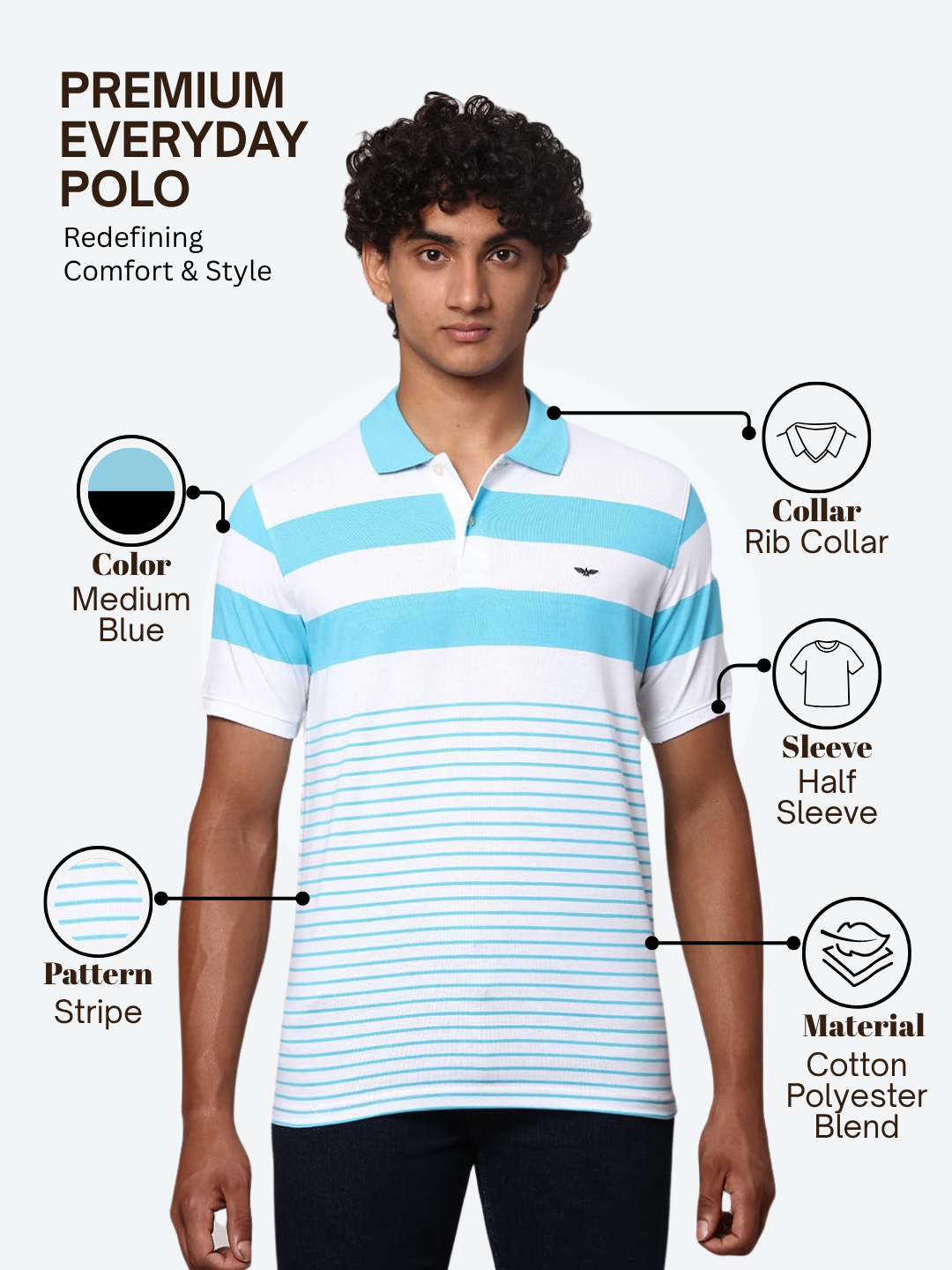 Park Avenue Men Blue Slim Fit Stripe Polo Neck Collar T-Shirt