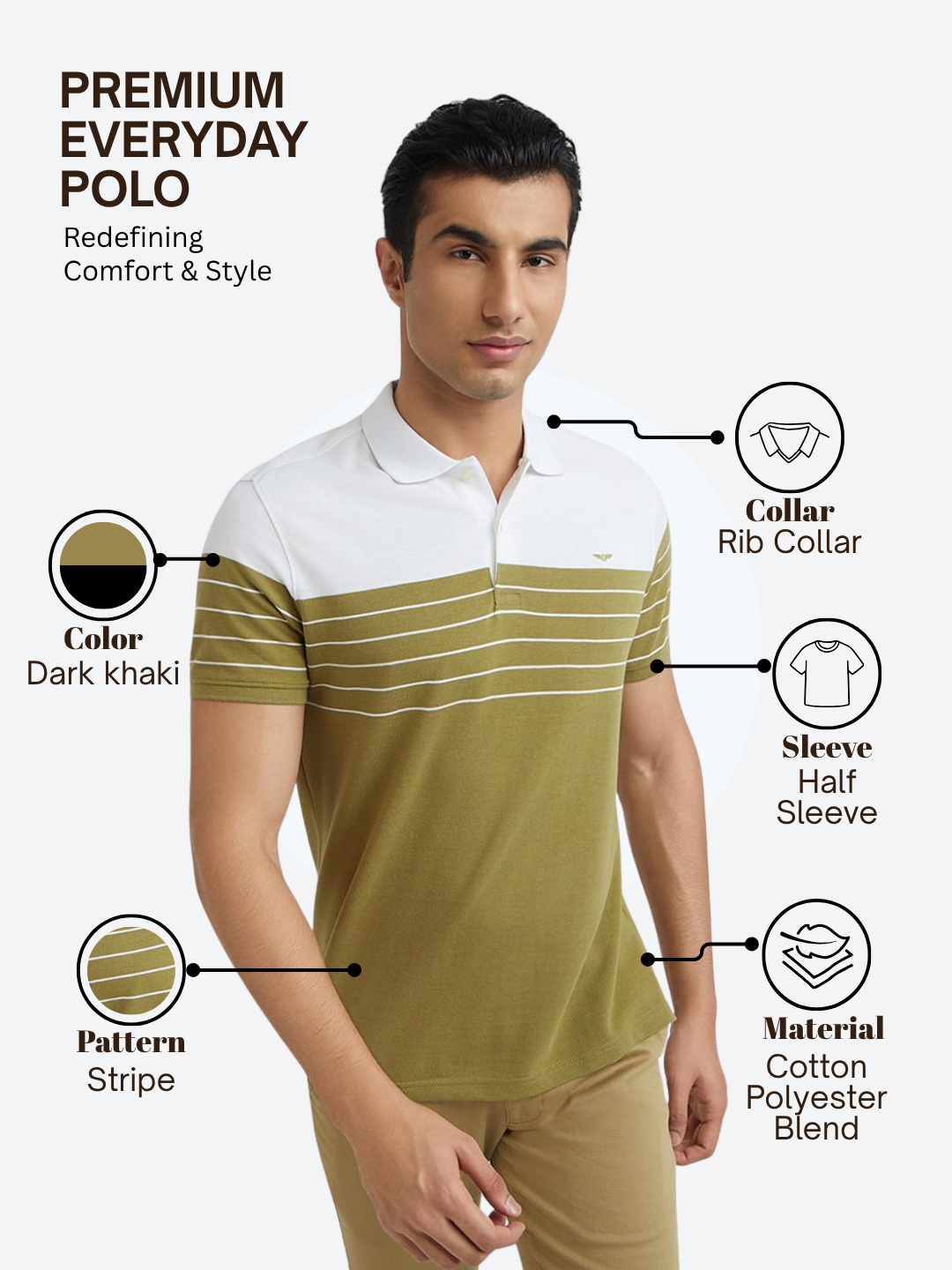 Park Avenue Men Khaki Slim Fit Stripe Polo Neck Collar T-Shirt