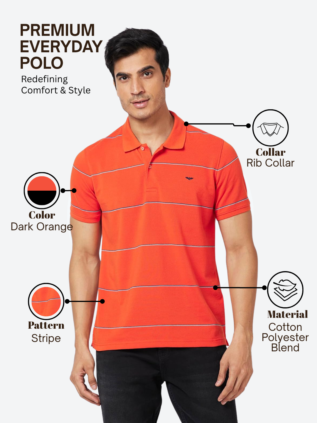Park Avenue Men Orange Slim Fit Stripe Polo Neck Collar T-Shirt