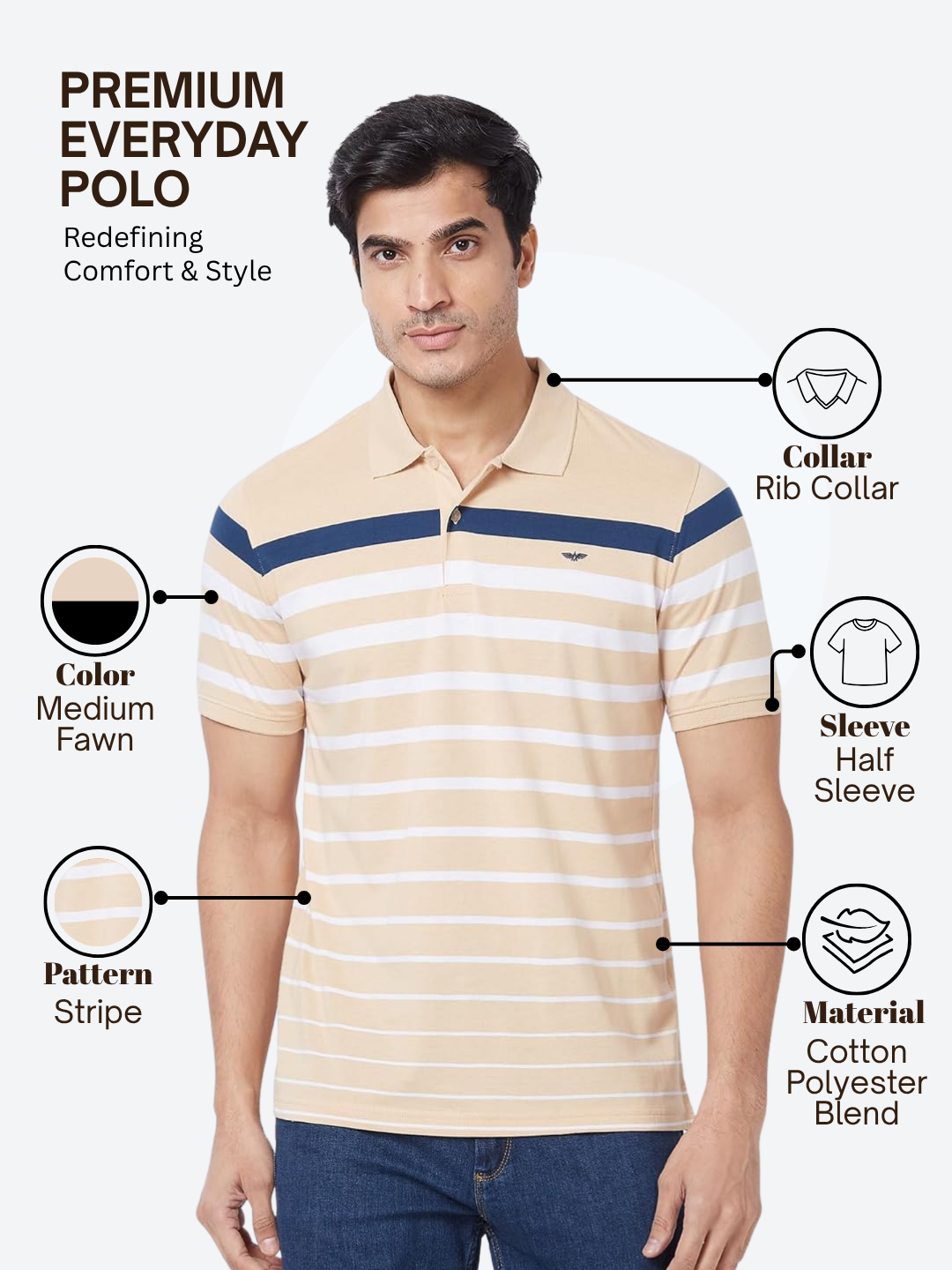 Park Avenue Men Brown Slim Fit Stripe Polo Neck Collar T-Shirt