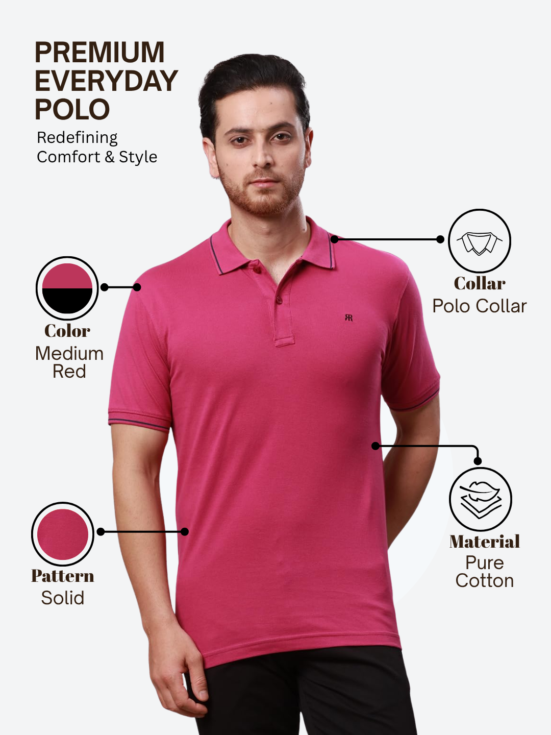 Raymond Men Red Contemporary Fit Solid Polo Neck Collar T-Shirt