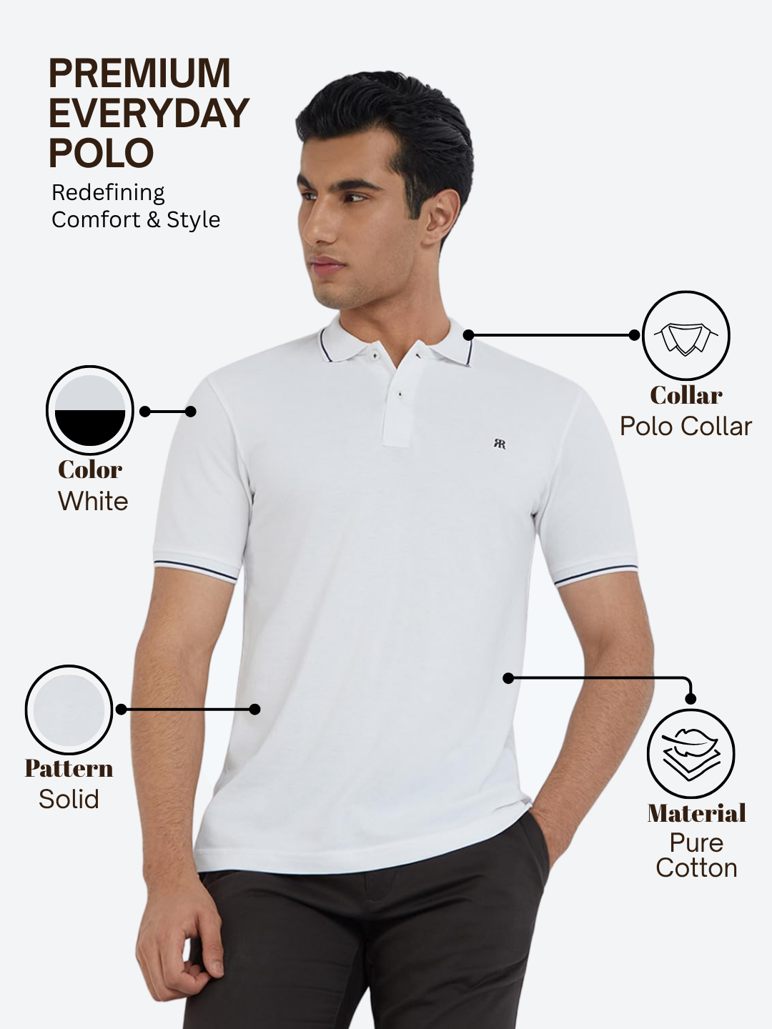 Raymond Men White Contemporary Fit Solid Polo Neck Collar T-Shirt