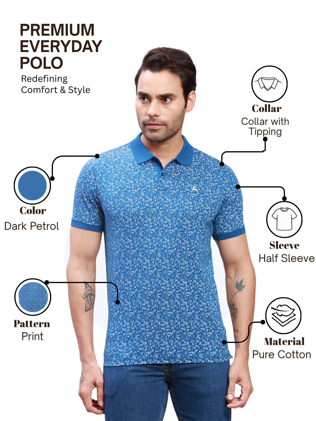 Parx Men Petrol Regular Fit Printed Polo Neck Collar T-Shirt