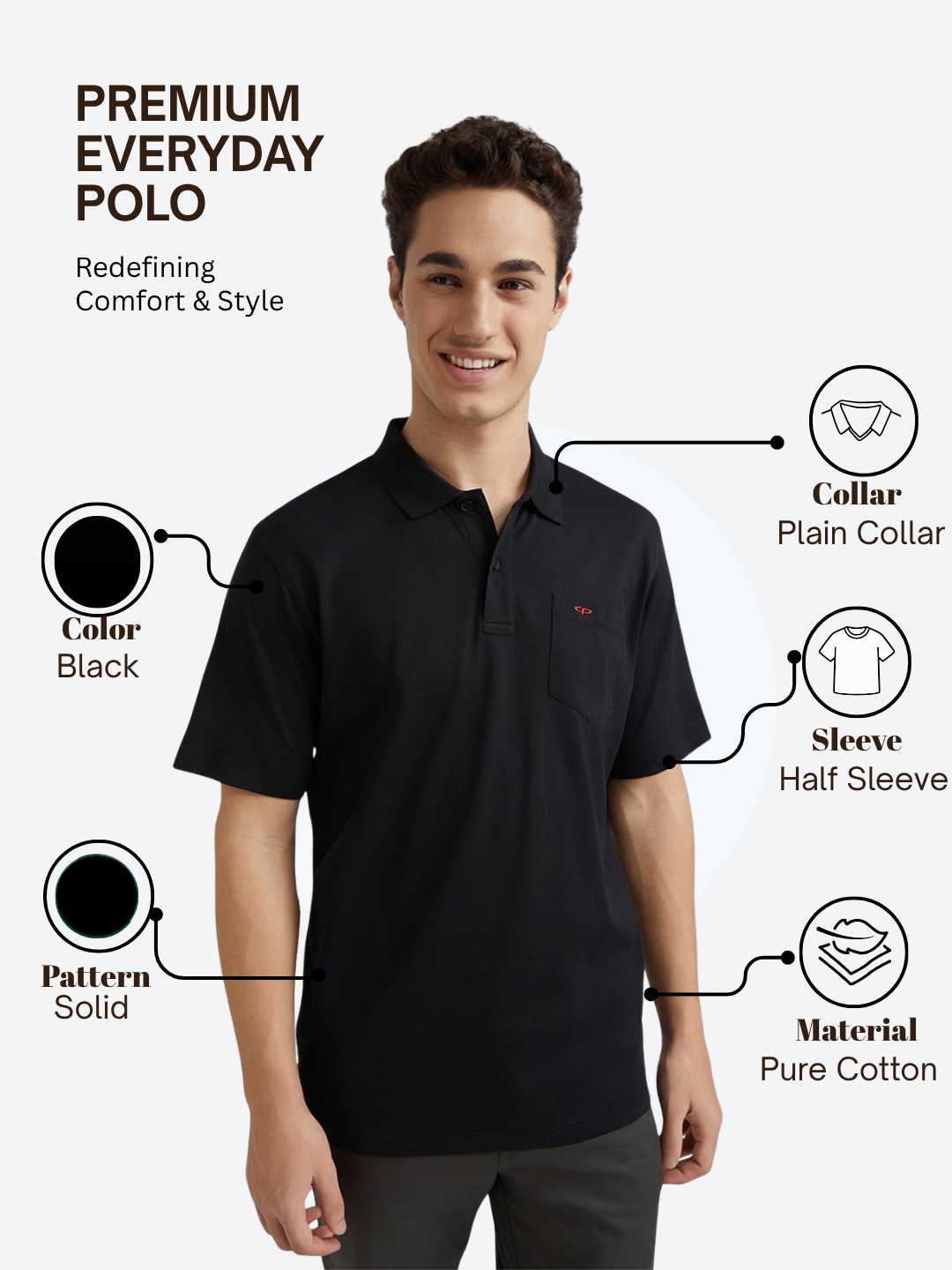 Colorplus Men Black Classic Fit Solid Polo Neck Collar T-Shirt