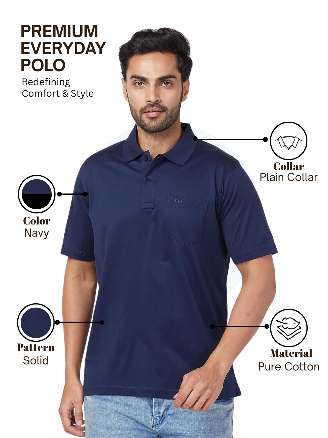 Colorplus Men Navy Comfort Fit Solid Polo Neck Collar T-Shirt