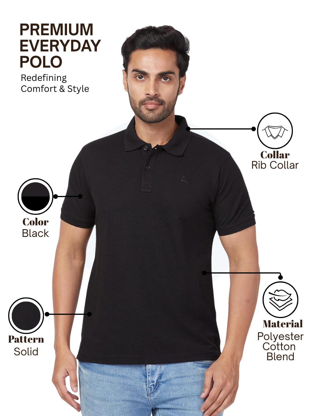 Parx Men Black Regular Fit Solid Polo Neck Collar T-Shirt