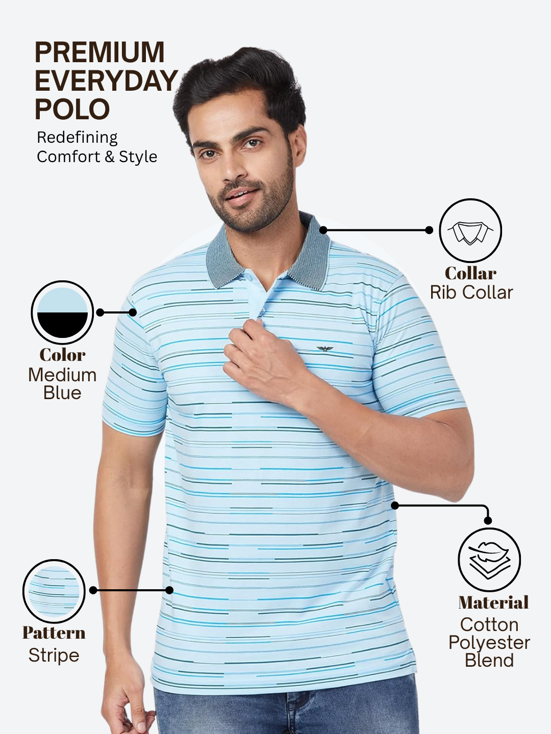 Park Avenue Men Blue Slim Fit Stripe Polo Neck Collar T-Shirt