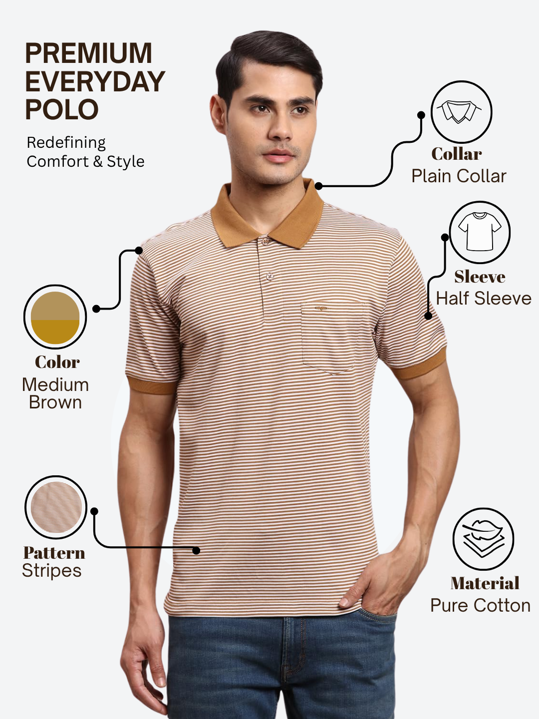 Colorplus Men Brown Regular Fit Stripe Polo Neck Collar T-Shirt