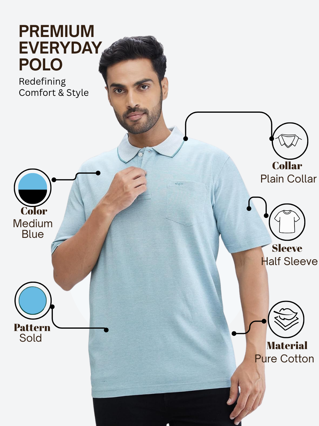 Colorplus Men Blue Comfort Fit Solid Polo Neck Collar T-Shirt