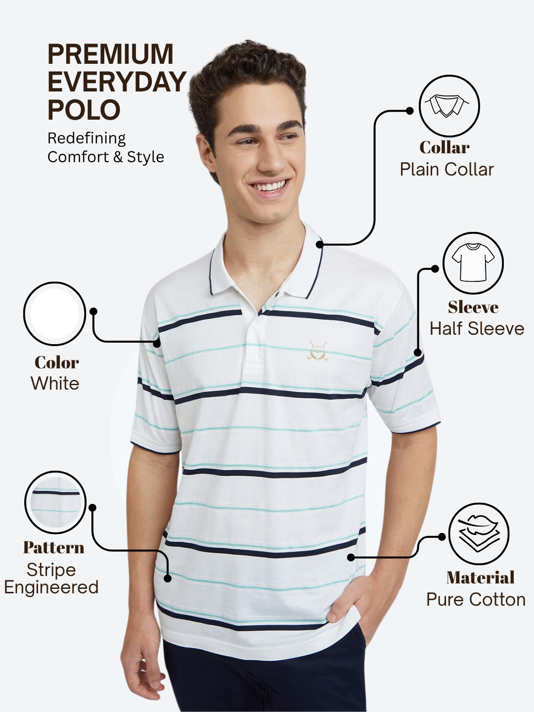 Colorplus Men White Tailored Fit Stripe Engineered Polo Neck Collar T-Shirt