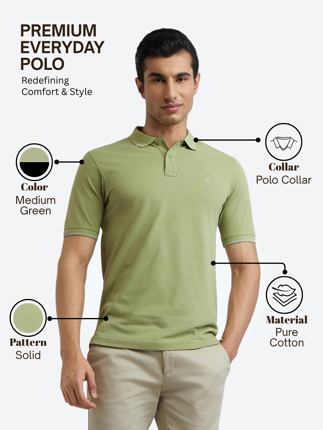 Raymond Men Green Modern Fit Solid Polo Neck Collar T-Shirt