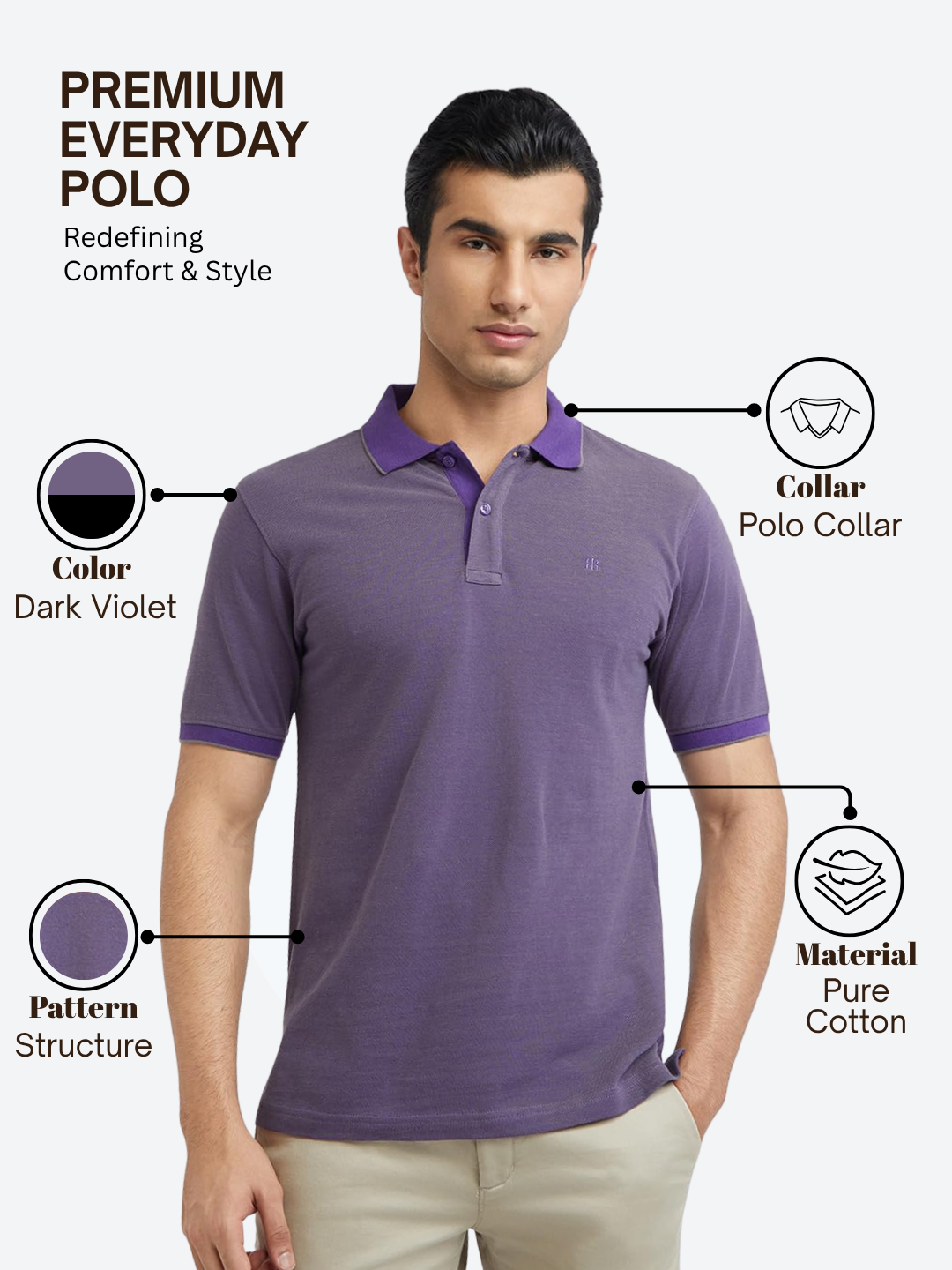 Raymond Men Purple Modern Fit Structure Polo Neck Collar T-Shirt