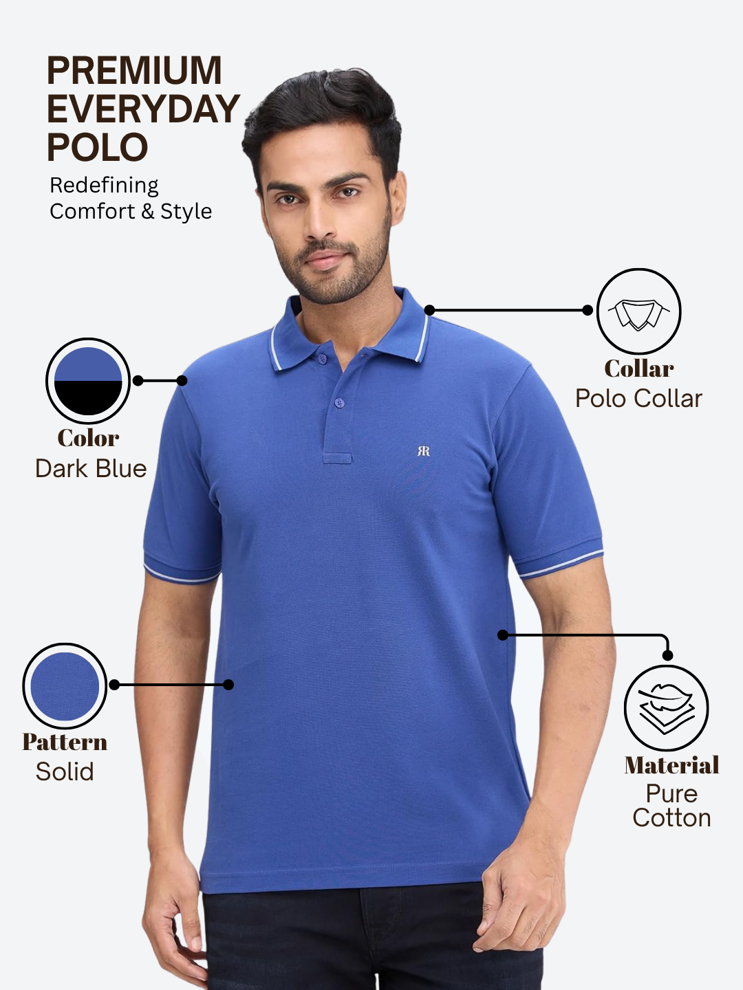 Raymond Men Blue Modern Fit Solid Polo Neck Collar T-Shirt