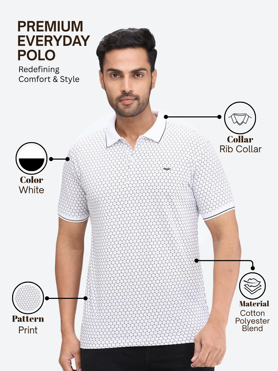 Park Avenue Men White Slim Fit Printed Polo Neck Collar T-Shirt