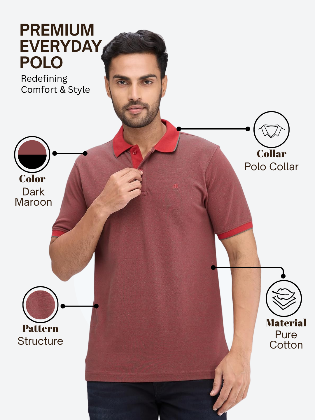Raymond Men Maroon Modern Fit Structure Polo Neck Collar T-Shirt