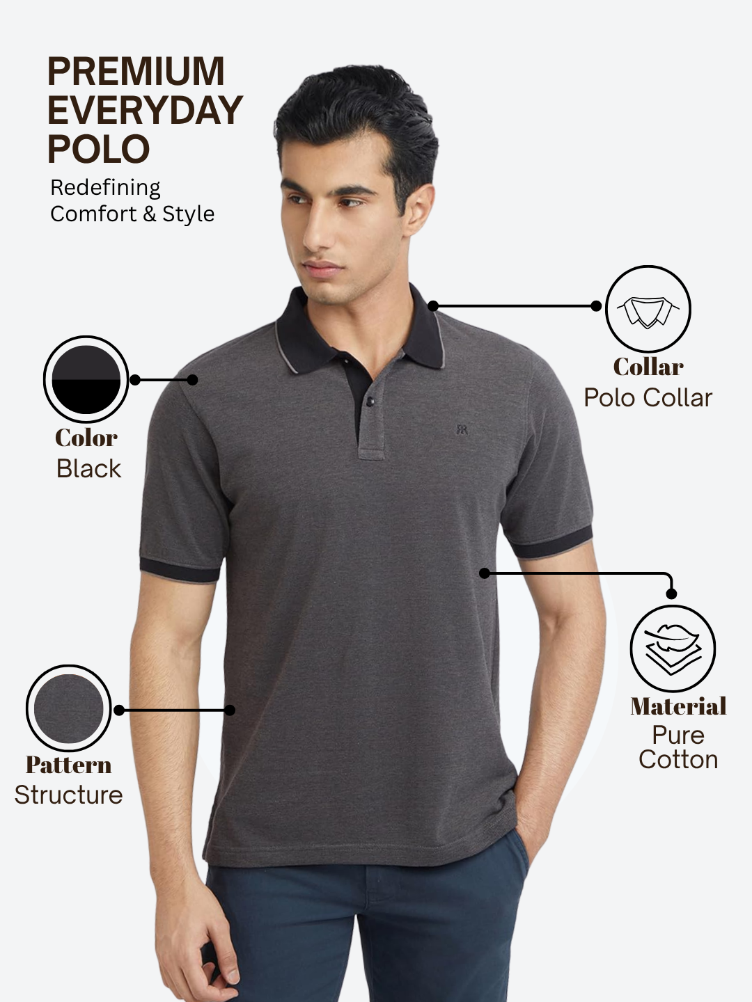 Raymond Men Grey Modern Fit Structure Polo Neck Collar T-Shirt