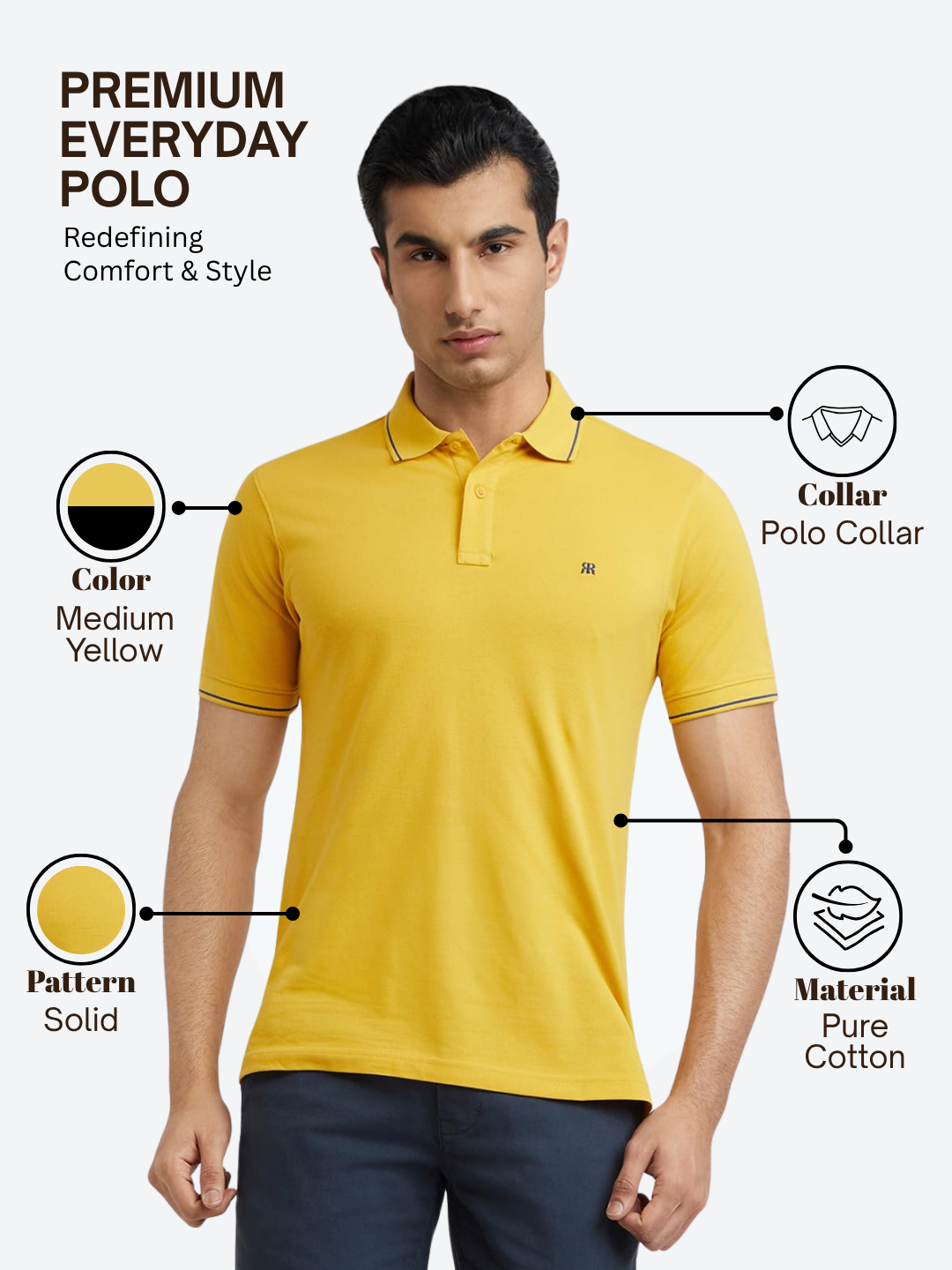 Raymond Men Yellow Modern Fit Solid Polo Neck Collar T-Shirt