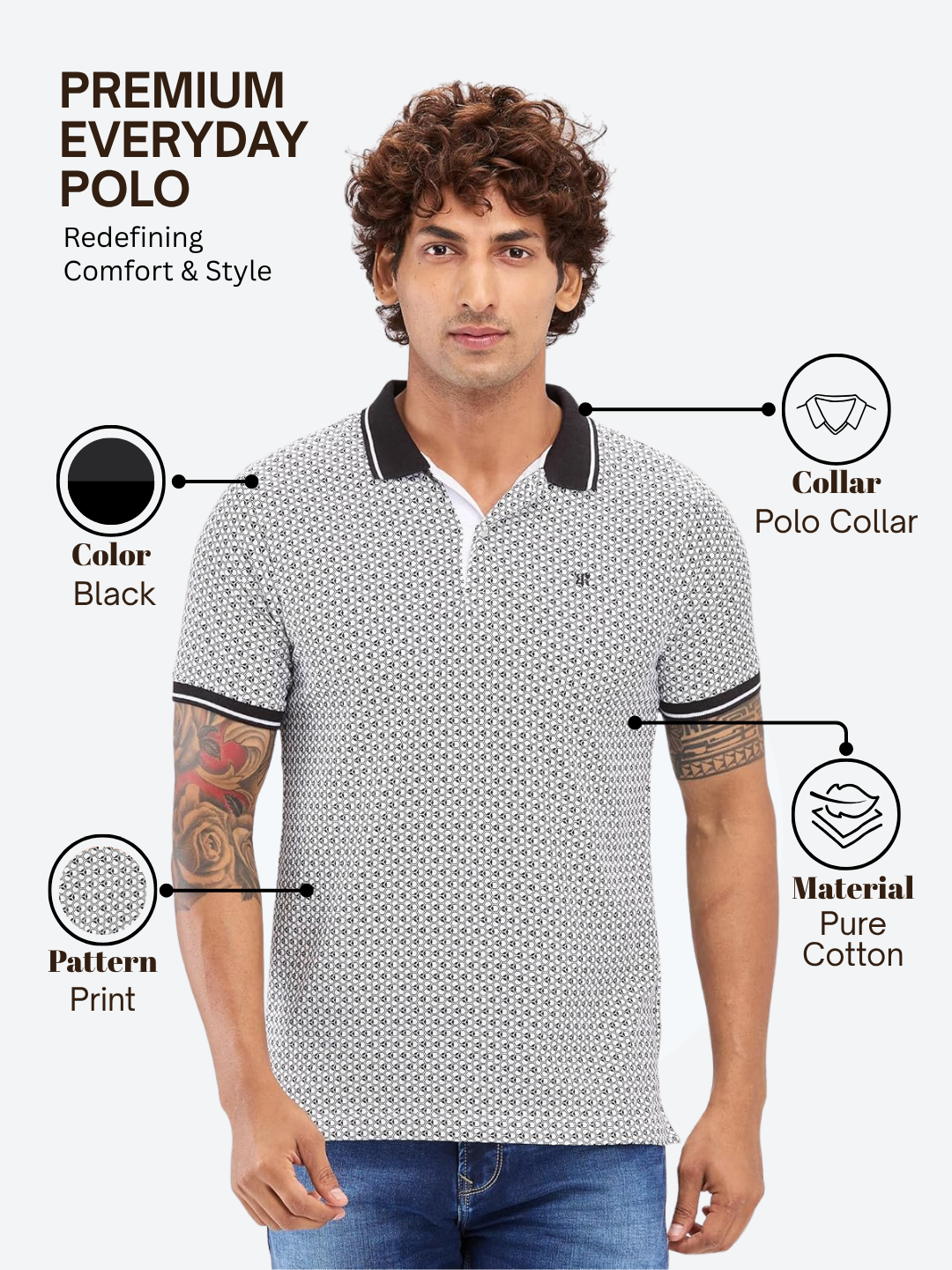 Raymond Men Black Modern Fit Printed Polo Neck Collar T-Shirt
