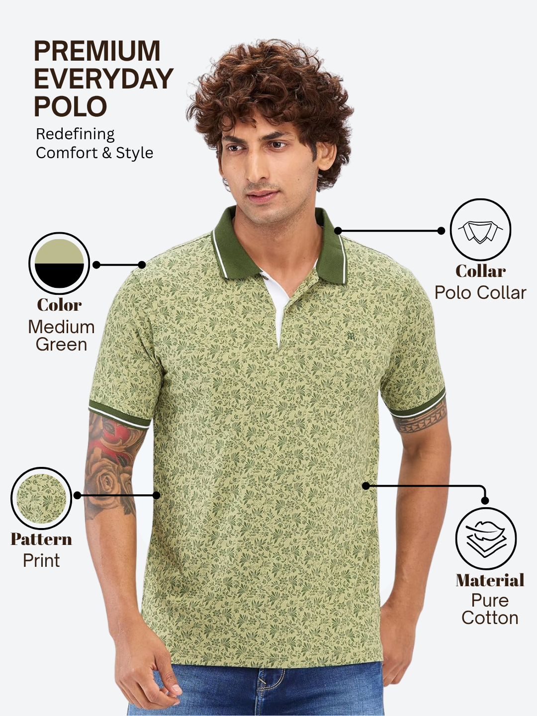 Raymond Men Green Modern Fit Printed Polo Neck Collar T-Shirt