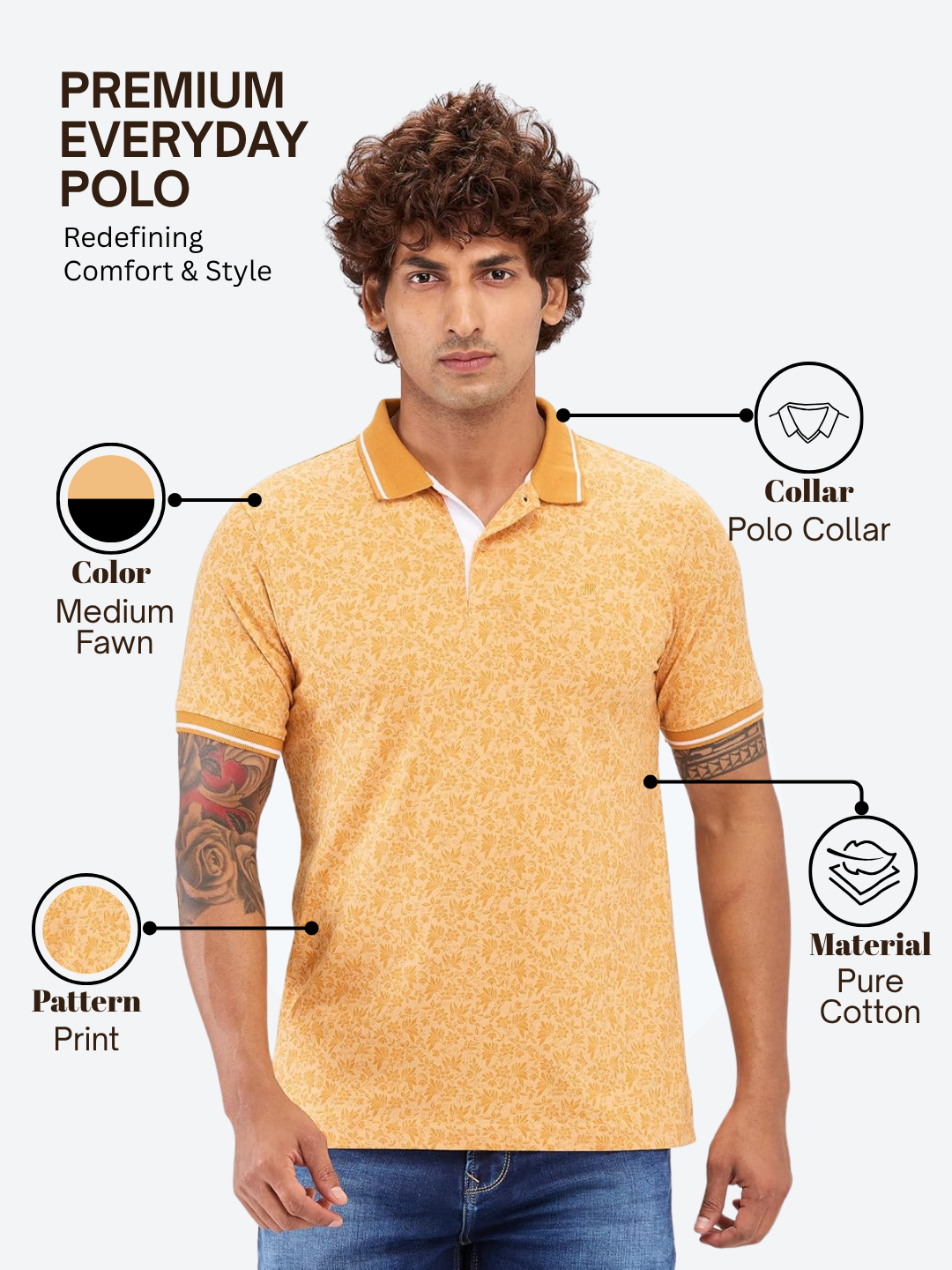 Raymond Men Yellow Modern Fit Printed Polo Neck Collar T-Shirt