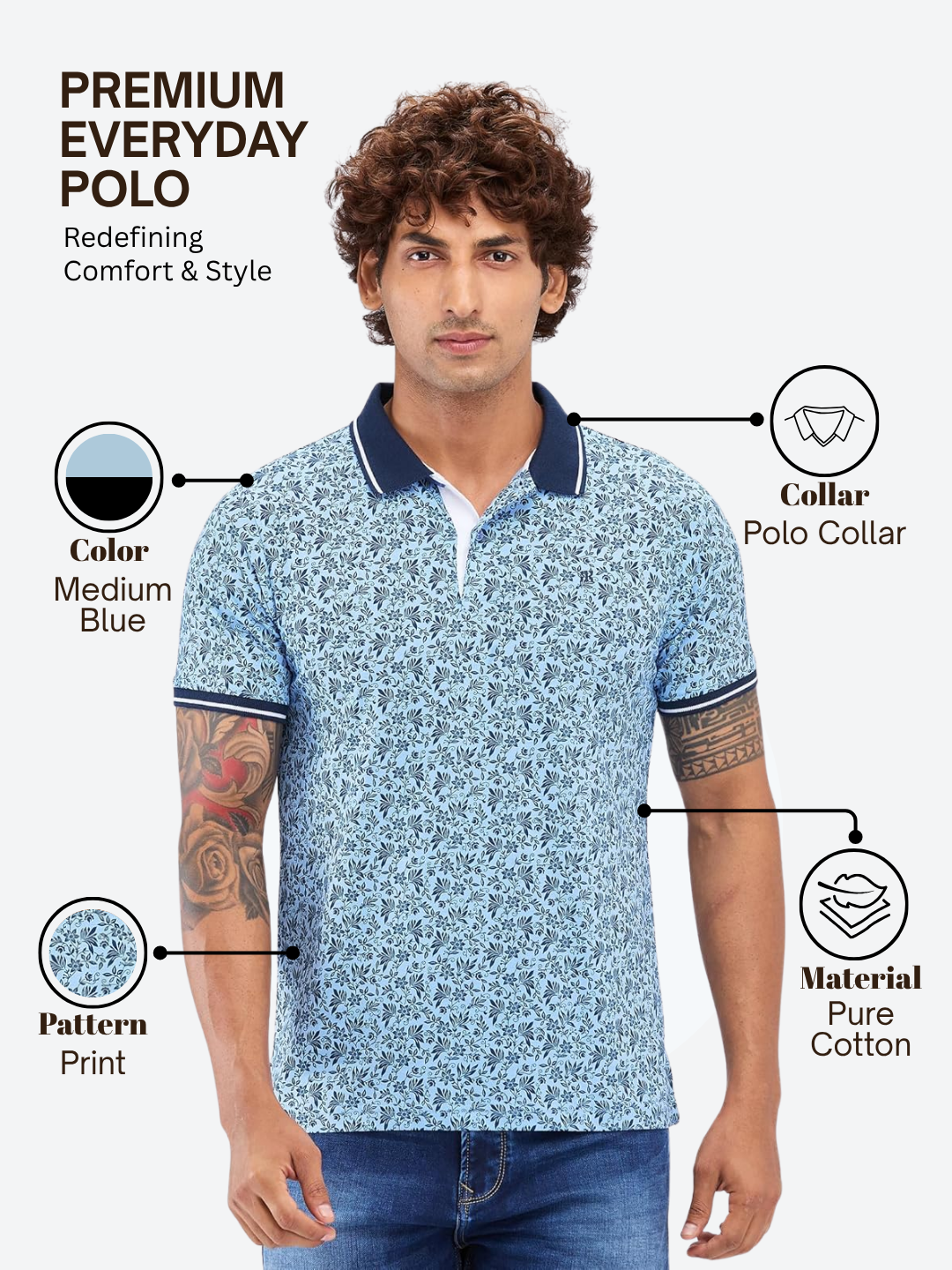 Raymond Men Blue Modern Fit Printed Polo Neck Collar T-Shirt