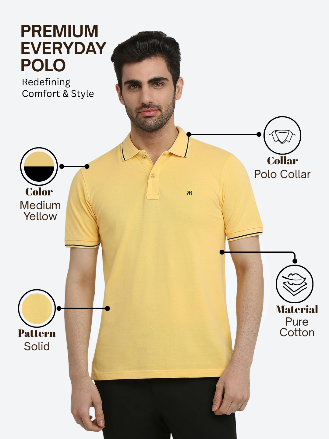 Raymond Men Yellow Modern Fit Solid Polo Neck Collar T-shirt